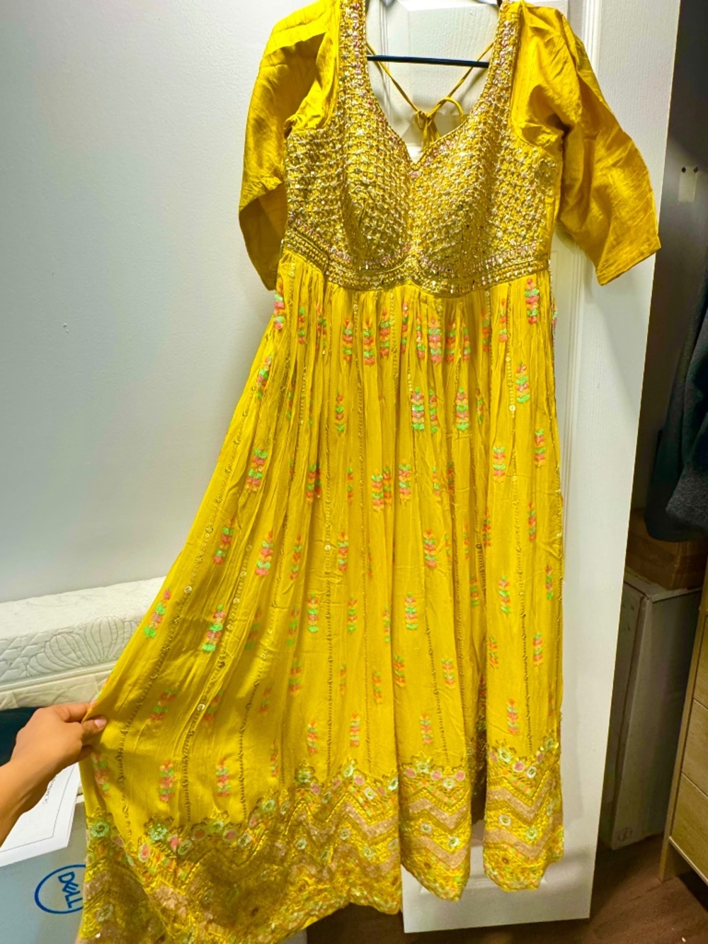 Mustard Yellow Mirror Work Anarkali Gown | Indian Wedding | Haldi | M/L
